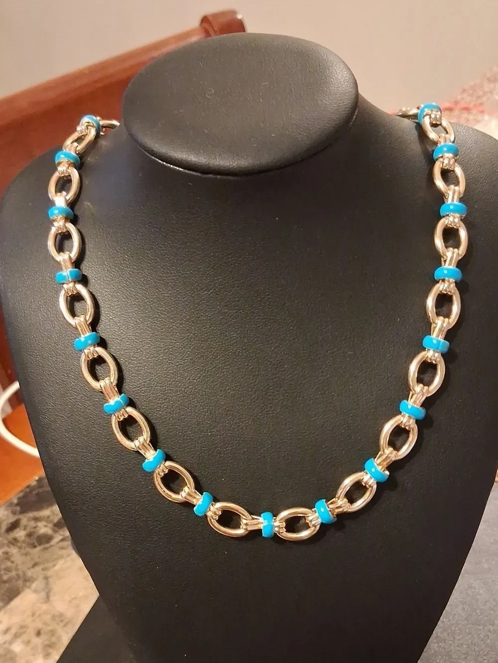 Gorgeous Blue And Gold Statement Necklace With Toggle Closure 18
